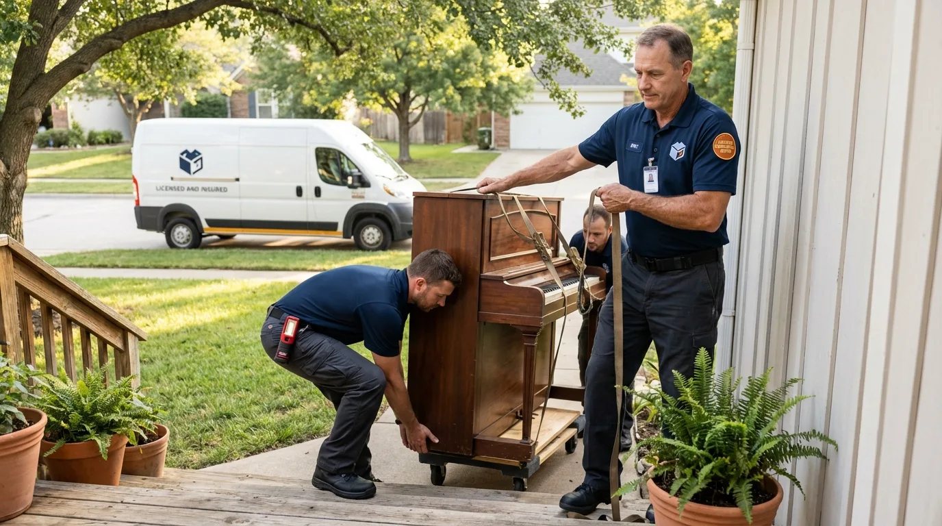 Licensed piano movers securing grand piano in Lovell, WY