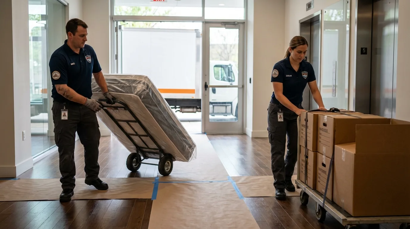 Professional apartment movers loading elevator in Lovell, WY